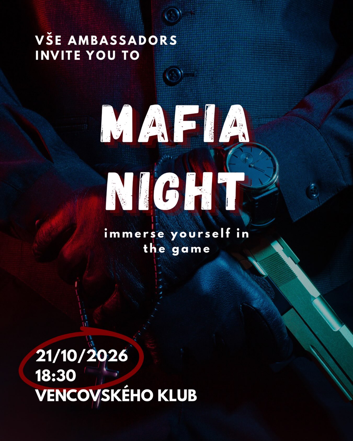 Spooky Season is coming and Ambassadors are totally ready for that!🎃

We are back with our Mafia Nights! Join us next Wednesday and find out who the killer is!🌔

🗓️21.10.2026
⏰18:30
📍Vencovského Klub (New Building, next to Vencovského aula)

🖊️No registration needed, just come🫵
